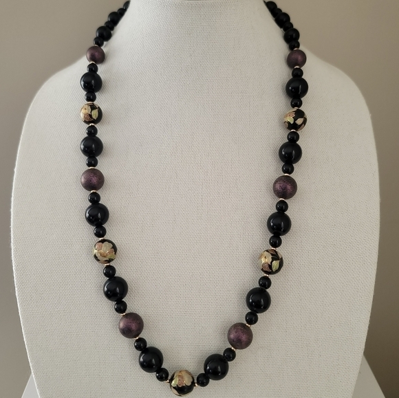 Vintage Necklace Handpainted Japan Black Purple Floral Necklace #581 - Picture 5 of 12